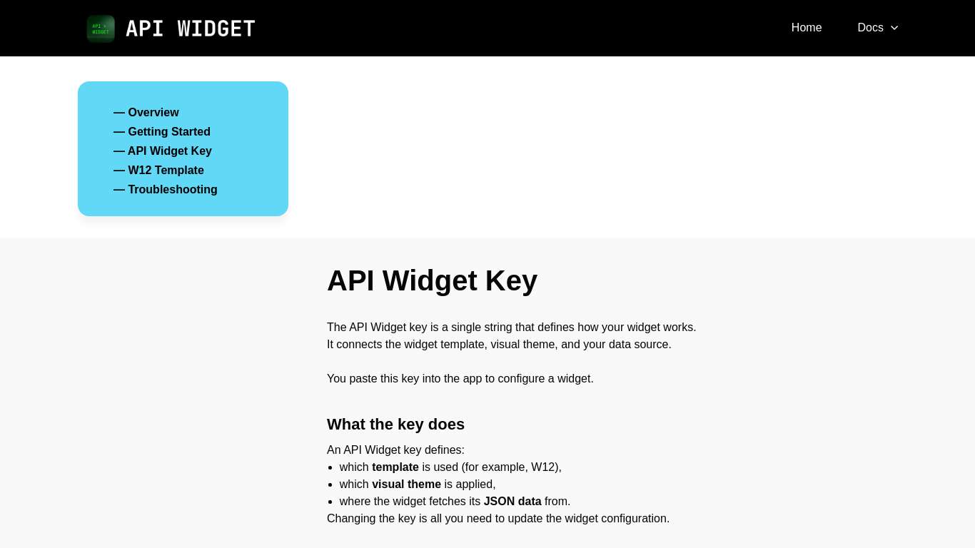 API Widget > Docs > API Widget Key
