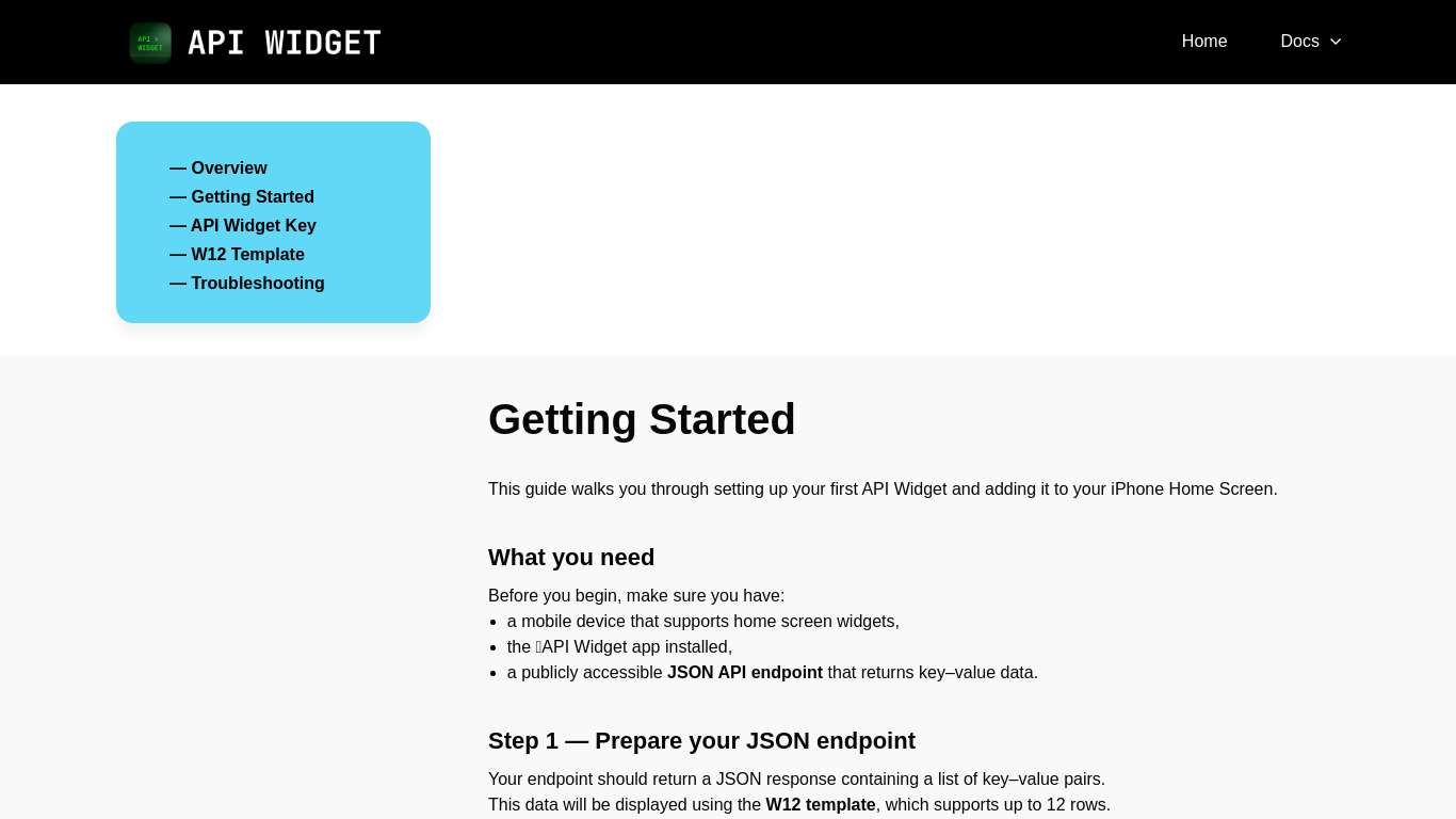 API Widget > Docs > Getting Started
